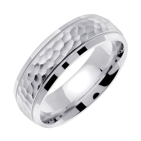 Men's 10k White Gold Hammered Wedding Band - 7mm Width, Size 7.5, Solid Gold