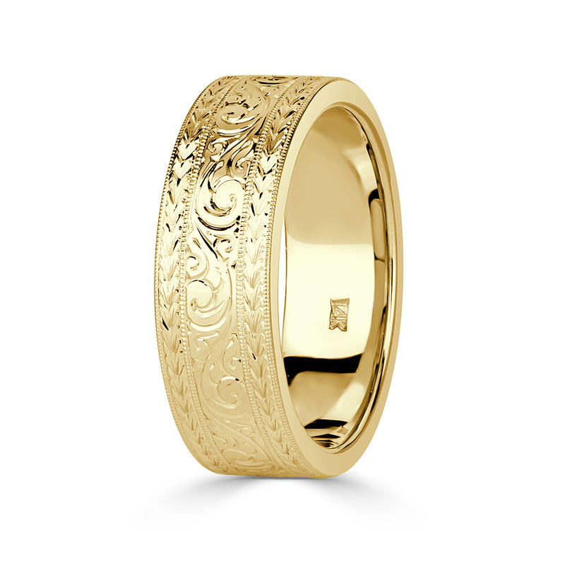 Men's Engraved Wedding Band in 14k Yellow Gold in 7mm