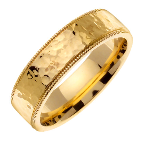 Men's Polished Hammered Finish Wedding Band in 14k Yellow Gold 7.0mm