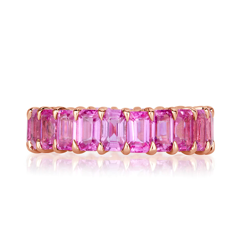 7.75ct Emerald Cut Pink Sapphire Eternity Band in 18k Rose Gold