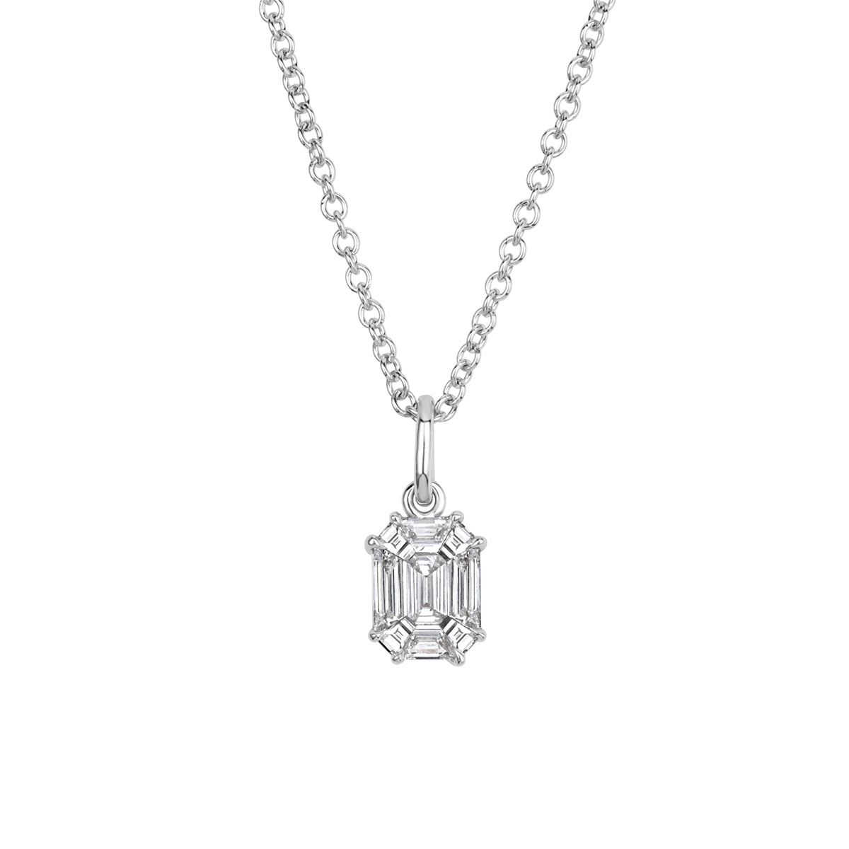 0.25ct Emerald and Trapezoid Cut Mosaic Diamond Pendant in 18k White Gold