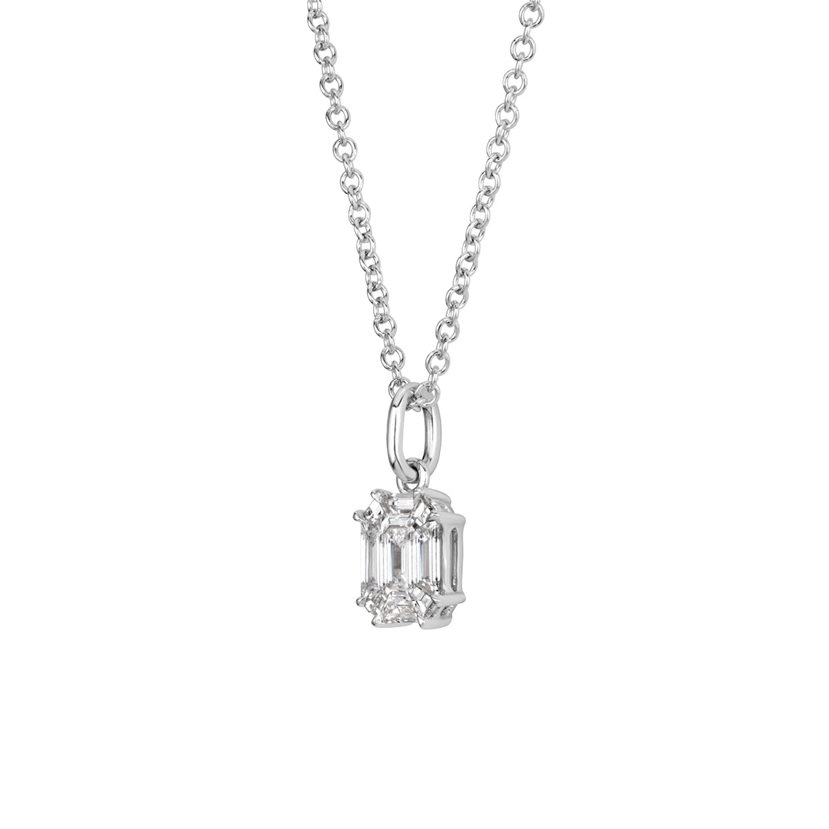 0.25ct Emerald and Trapezoid Cut Mosaic Diamond Pendant in 18k White Gold