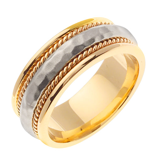 Men's Two-Tone Domed Hammered Wedding Band in 18k Yellow and White Gold 7.5mm