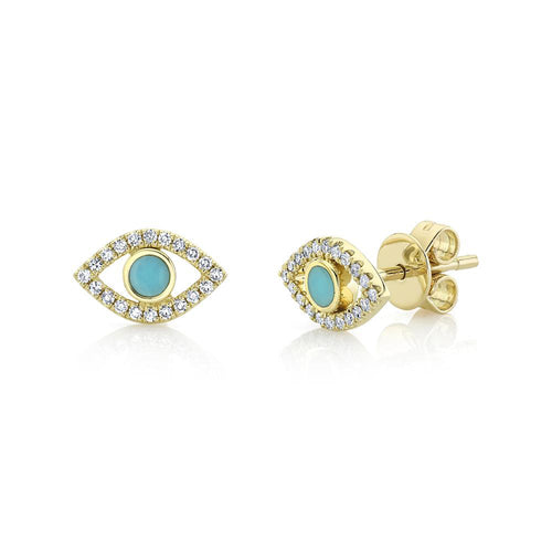 0.26ct Turquoise and Diamond Evil Eye Earrings in 14k Yellow Gold
