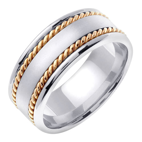 Men's Two-Tone Matte Accent Wedding Band in 18k White and Yellow Gold 8.0mm
