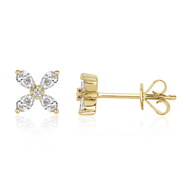 0.36ct Round Brilliant Cut and Pear Shaped Diamond Floral Stud Earrings in 18k Yellow Gold