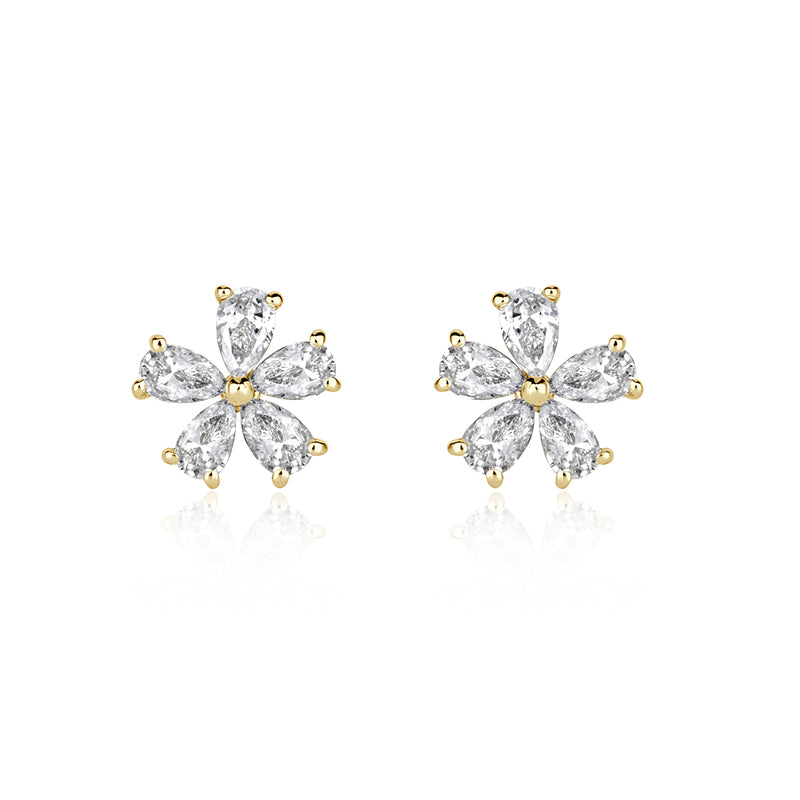 0.34ct Pear Shaped Diamond Floral Stud Earrings in 18k Yellow Gold