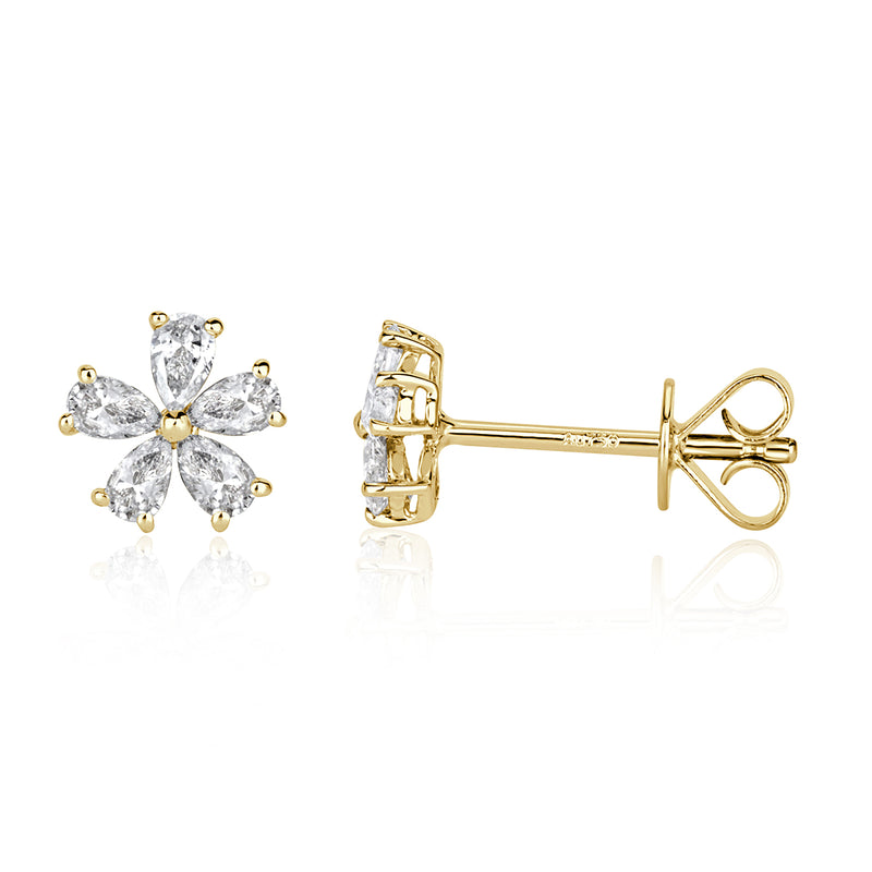 0.34ct Pear Shaped Diamond Floral Stud Earrings in 18k Yellow Gold