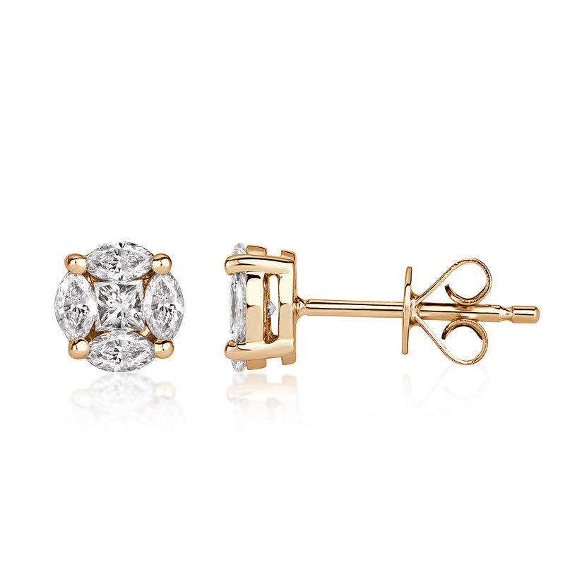 0.50ct Illusion Round Diamond Stud Earrings in 18k Champagne Yellow Gold