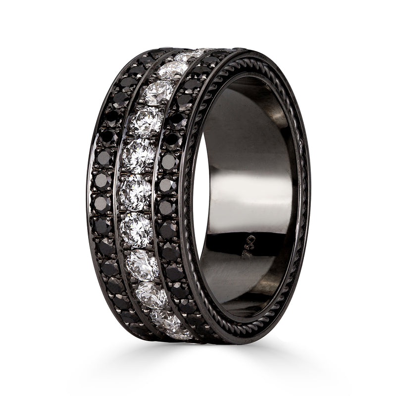 3.87ct Round Cut White and Black Diamond Men's Wedding Band in 18k Black Gold