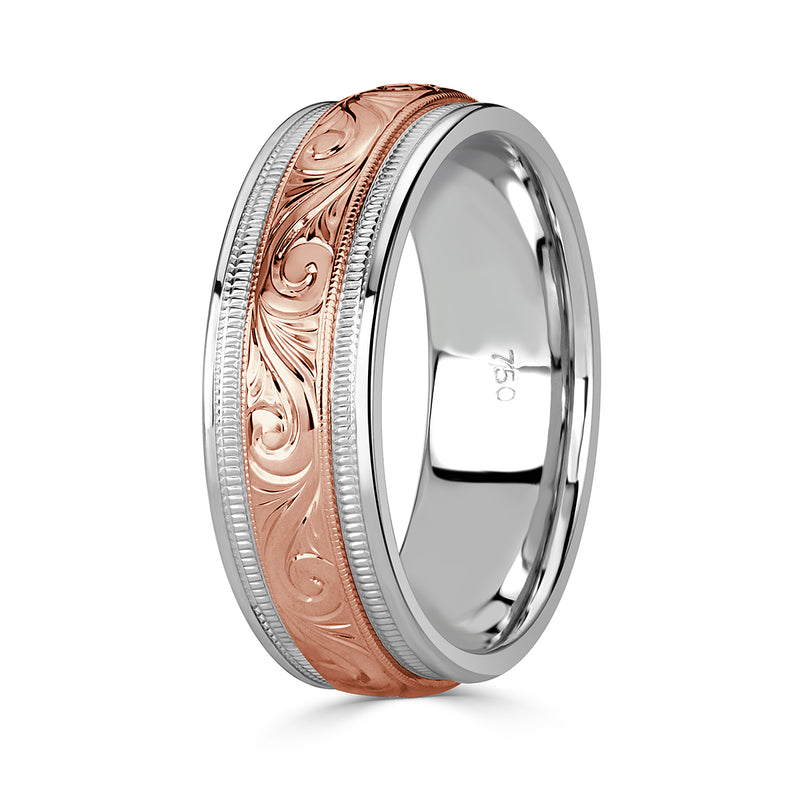 Men's Two-Tone Hand Engraved Wedding Band in 18k White and Rose Gold 7.0mm