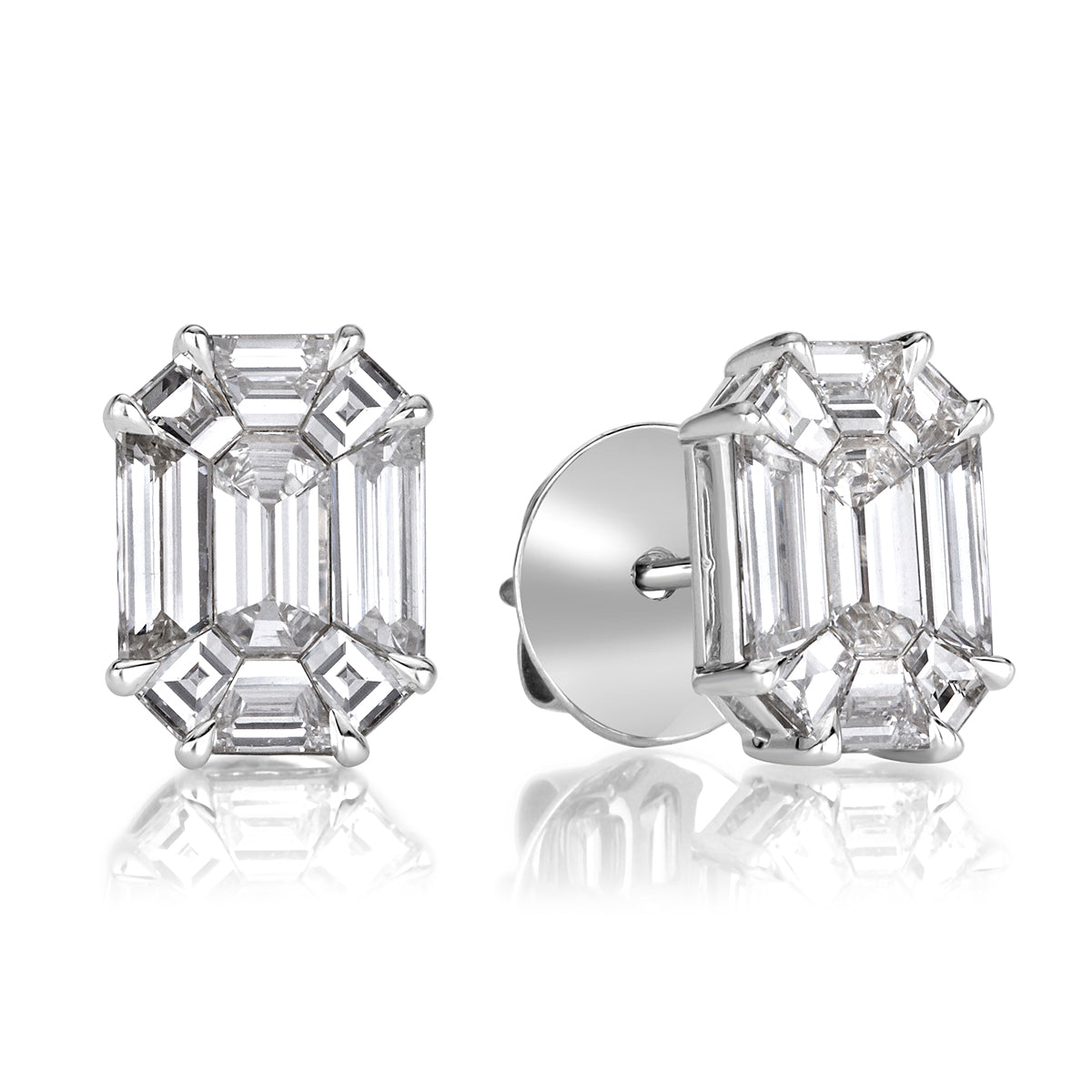 1.54ct Emerald Cut Mosaic Diamond Stud Earrings in 18K White Gold