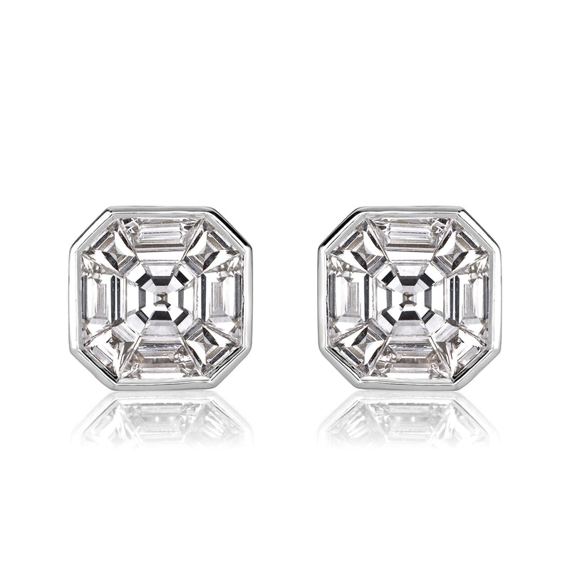 1.00ct Asscher Cut Mosaic Diamond Stud Earrings in 18K White Gold