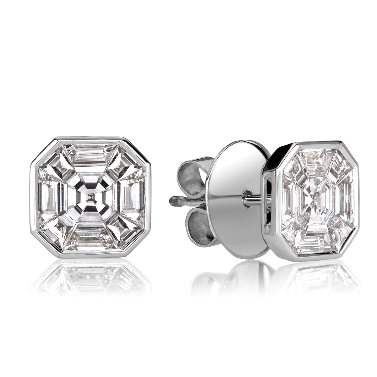 1.00ct Asscher Cut Mosaic Diamond Stud Earrings in 18K White Gold