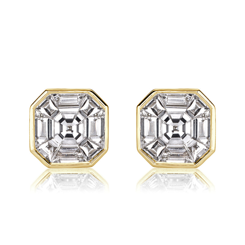 1.00ct Asscher Cut Mosaic Diamond Stud Earrings in 18K Yellow Gold