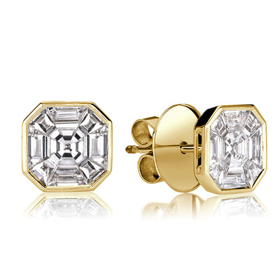 1.00ct Asscher Cut Mosaic Diamond Stud Earrings in 18K Yellow Gold