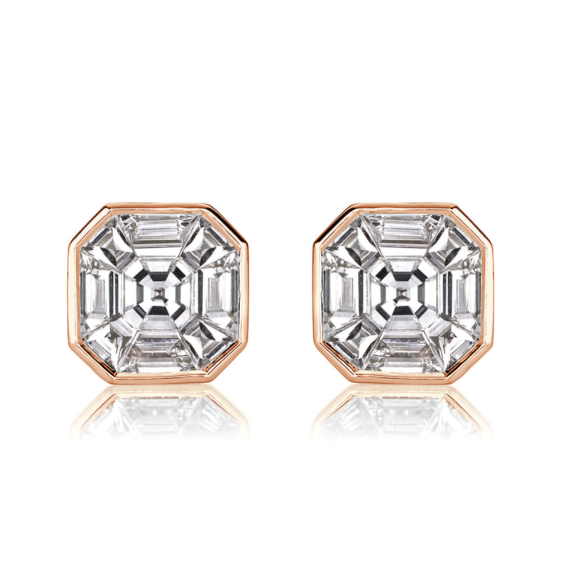 1.00ct Asscher Cut Mosaic Diamond Stud Earrings in 18K Rose Gold