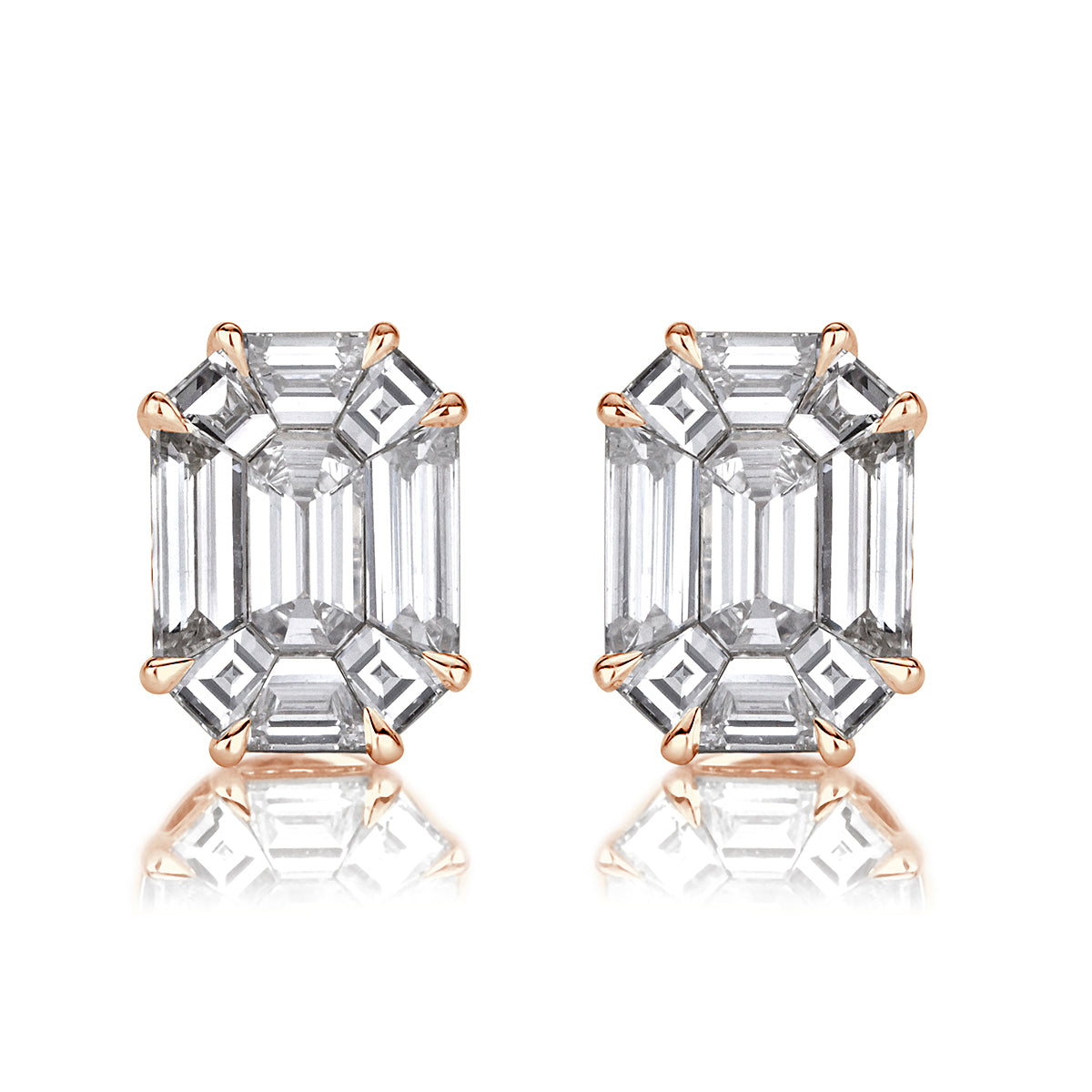 1.54ct Emerald Cut Mosaic Diamond Stud Earrings in 18K Rose Gold