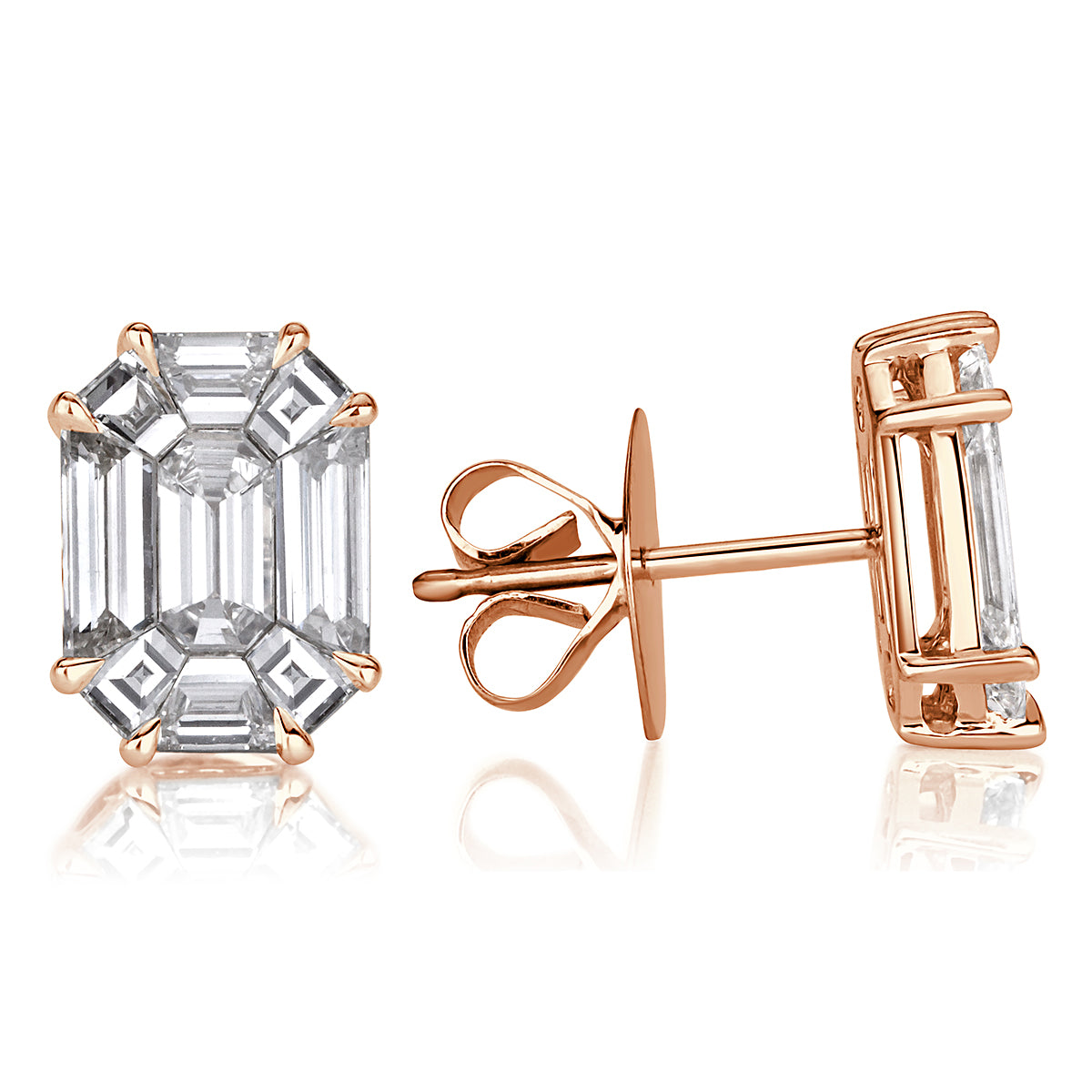 1.54ct Emerald Cut Mosaic Diamond Stud Earrings in 18K Rose Gold