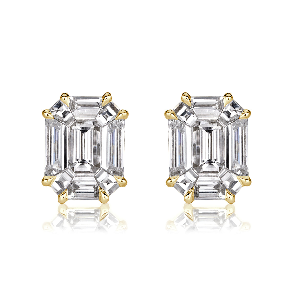 1.30ct Emerald Cut Mosaic Diamond Stud Earrings in 18K Yellow Gold