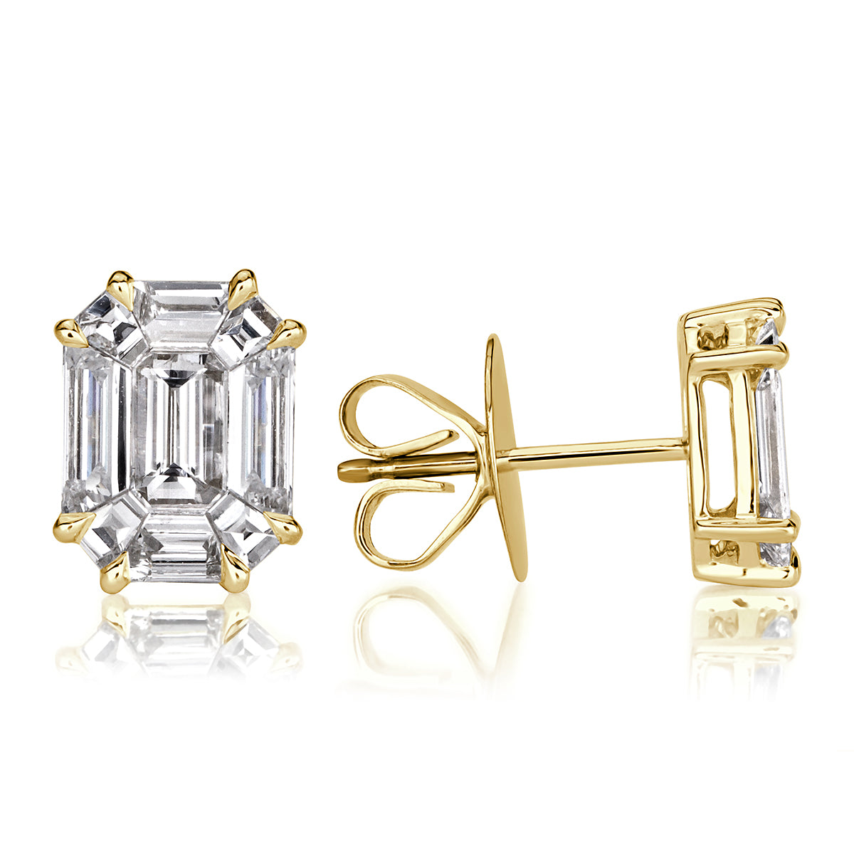 1.30ct Emerald Cut Mosaic Diamond Stud Earrings in 18K Yellow Gold