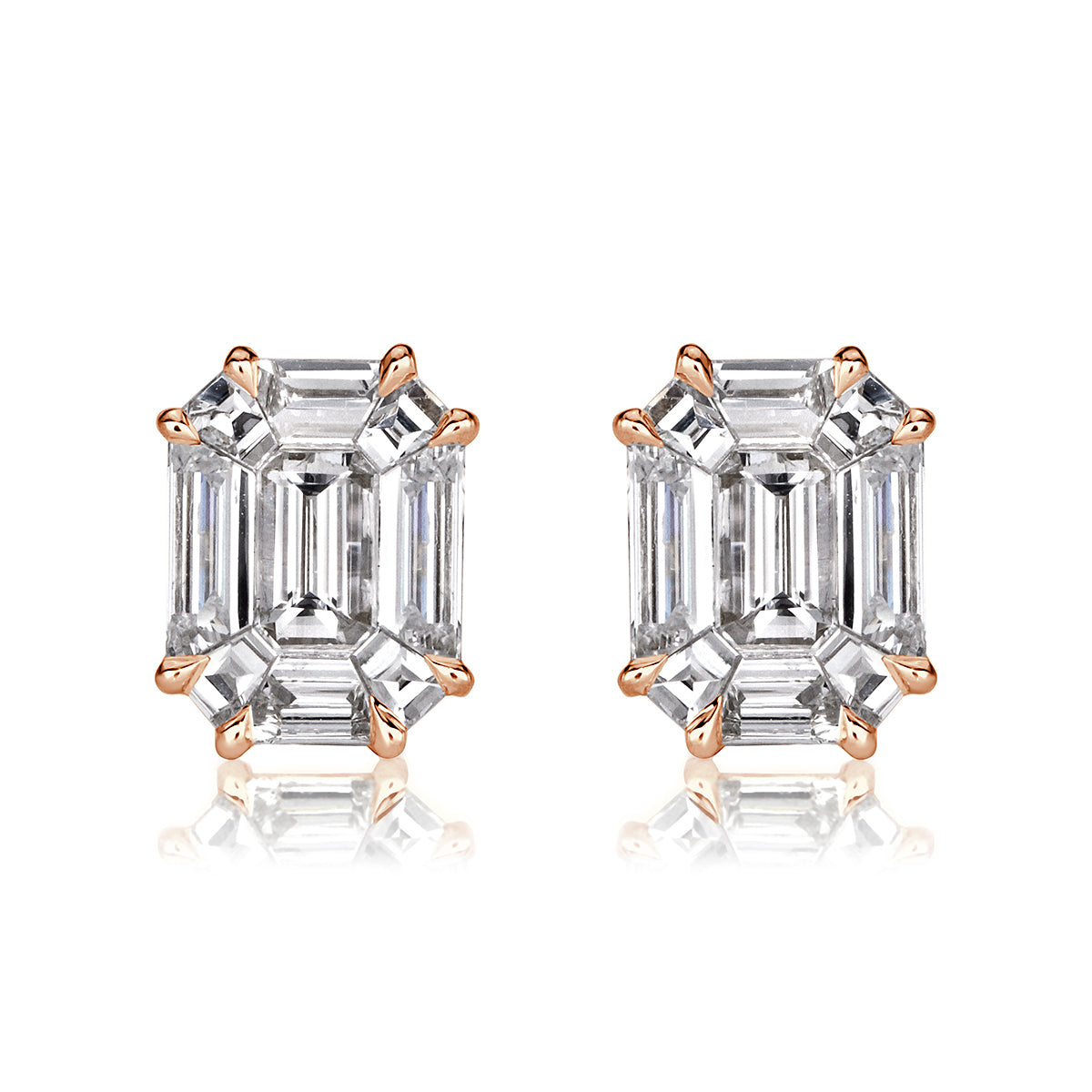 1.30ct Emerald Cut Mosaic Diamond Stud Earrings in 18K Rose Gold