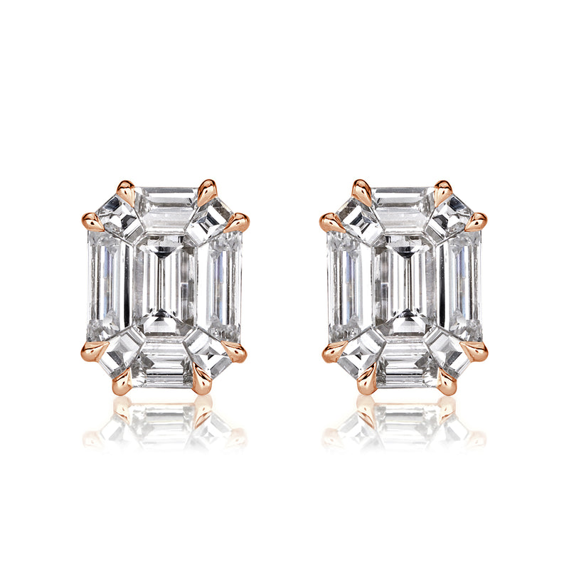 1.30ct Emerald Cut Mosaic Diamond Stud Earrings in 18K Rose Gold
