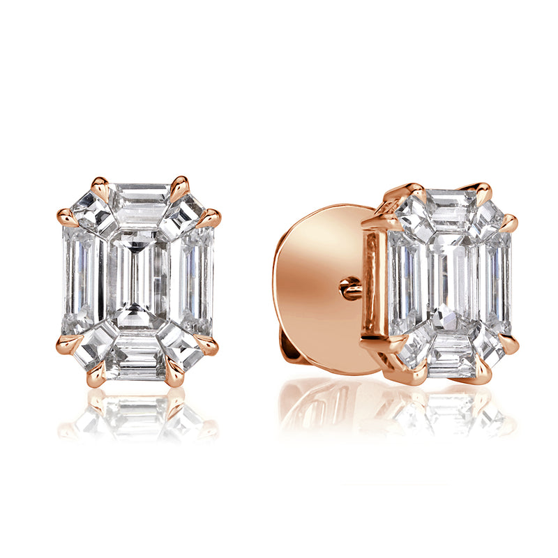 1.30ct Emerald Cut Mosaic Diamond Stud Earrings in 18K Rose Gold