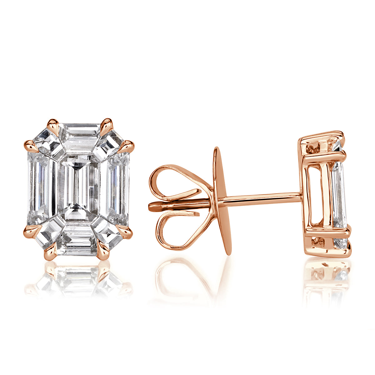 1.30ct Emerald Cut Mosaic Diamond Stud Earrings in 18K Rose Gold