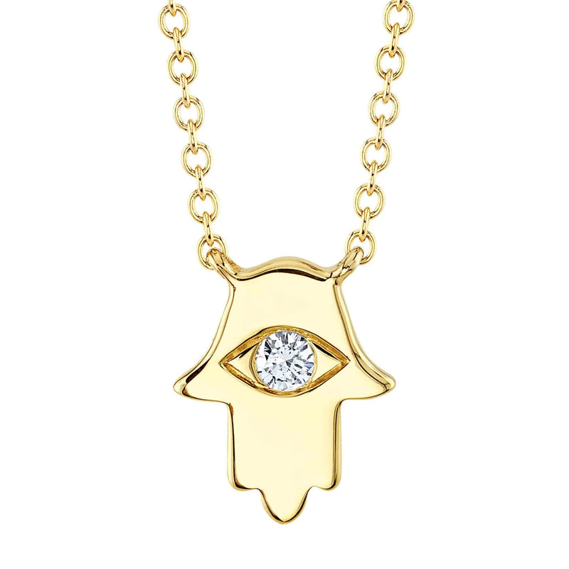 0.04ct Round Cut Diamond Hamsa Necklace in 14k Yellow Gold