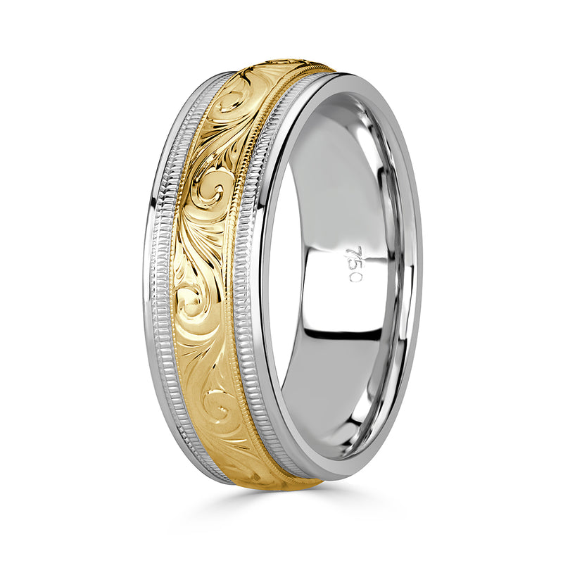 Men's Two-Tone Hand Engraved Wedding Band in 14k White and Yellow Gold 7.0mm