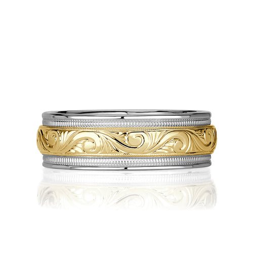 Men's Two-Tone Hand Engraved Wedding Band in 18k White and Yellow Gold 7.0mm